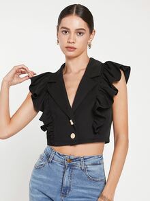 BizChic Sleeveless Ruffle Trim Crop Blazer - Black - View 9