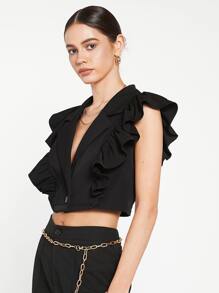 BizChic Sleeveless Ruffle Trim Crop Blazer - Black - View 4