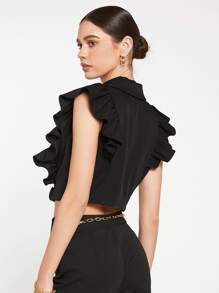 BizChic Sleeveless Ruffle Trim Crop Blazer - Black - View 2