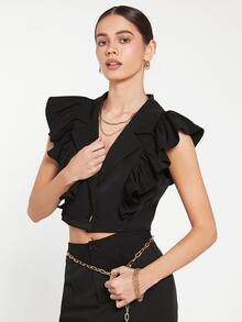 BizChic Sleeveless Ruffle Trim Crop Blazer - Black - View 5