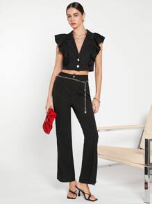 BizChic Sleeveless Ruffle Trim Crop Blazer - Black - View 10