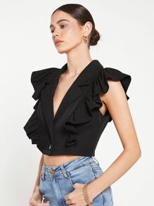BizChic Sleeveless Ruffle Trim Crop Blazer - Black - View 12