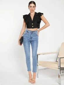 BizChic Sleeveless Ruffle Trim Crop Blazer - Black - View 13