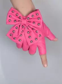 Cute 1pair Women Bow Decor Fashion Fingerless Gloves, For Party Halloween - Hot Pink - View 1