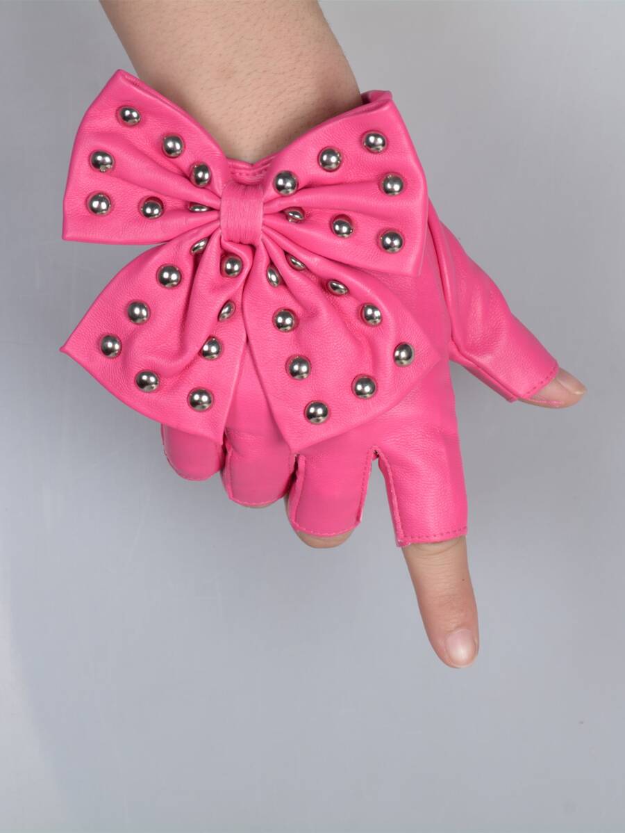 Cute 1pair Women Bow Decor Fashion Fingerless Gloves, For Party Halloween - Hot Pink - View 1