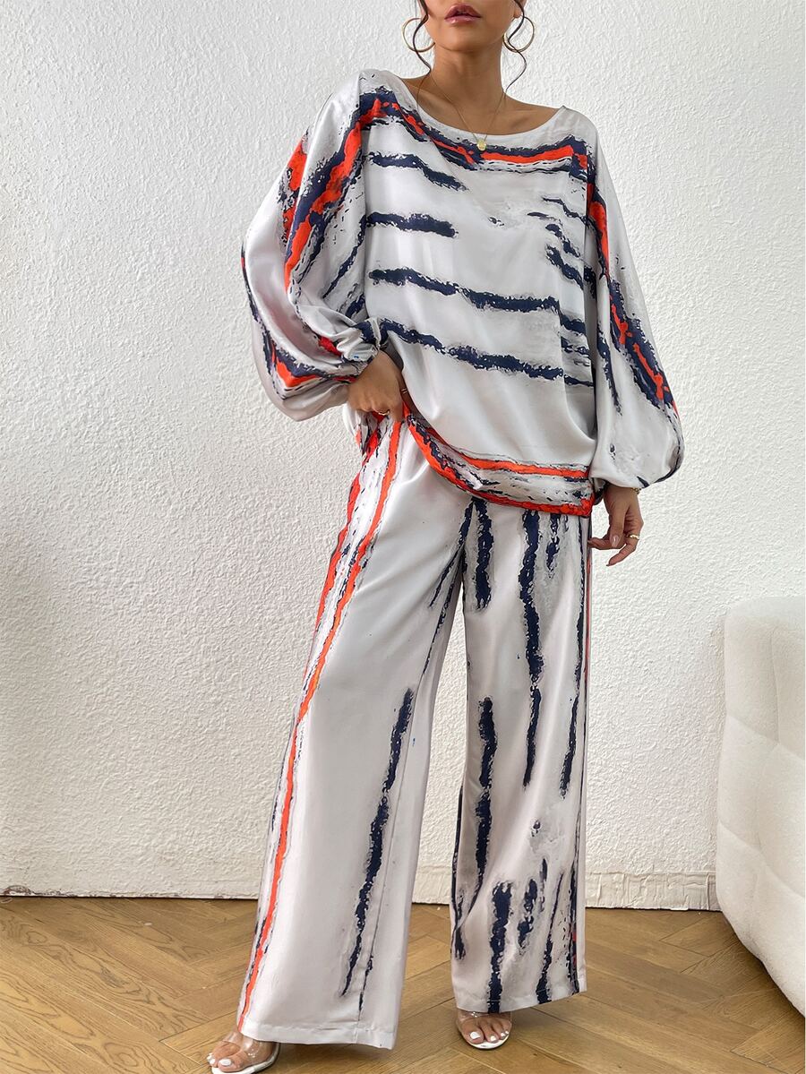 紮染燈籠袖襯衫和闊腿褲 - 灰色 - 查看 1
