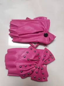Cute 1pair Women Bow Decor Fashion Fingerless Gloves, For Party Halloween - Hot Pink - View 2