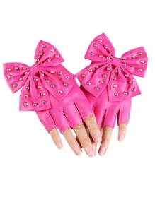 Cute 1pair Women Bow Decor Fashion Fingerless Gloves, For Party Halloween - Hot Pink - View 3