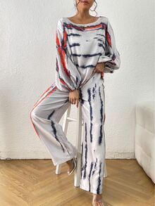 紮染燈籠袖襯衫和闊腿褲 - 灰色 - 查看 3