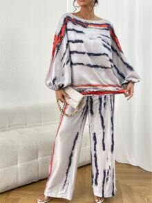 紮染燈籠袖襯衫和闊腿褲 - 灰色 - 查看 6