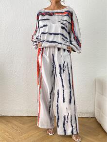 紮染燈籠袖襯衫和闊腿褲 - 灰色 - 查看 7