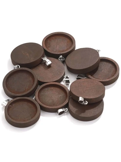 10pcs,Stainless Steel Round Wooden Pendant Accessories with Wooden 2.5cm Time Gemstone Bottom Bracket DIY Necklace Jewelry Accessories