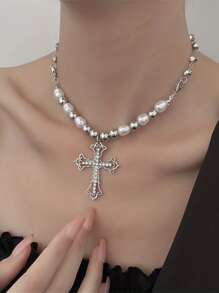 人造珍珠裝飾迷人項鍊 - 銀色 - 查看 1