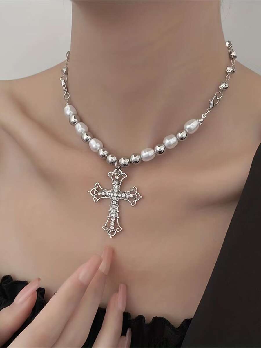 人造珍珠裝飾迷人項鍊 - 銀色 - 查看 1