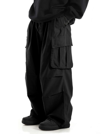 Manfinity Hypemode Calça Cargo Oversized com Bolso de Aba e Cordão na Cintura, Perna Larga para Outono