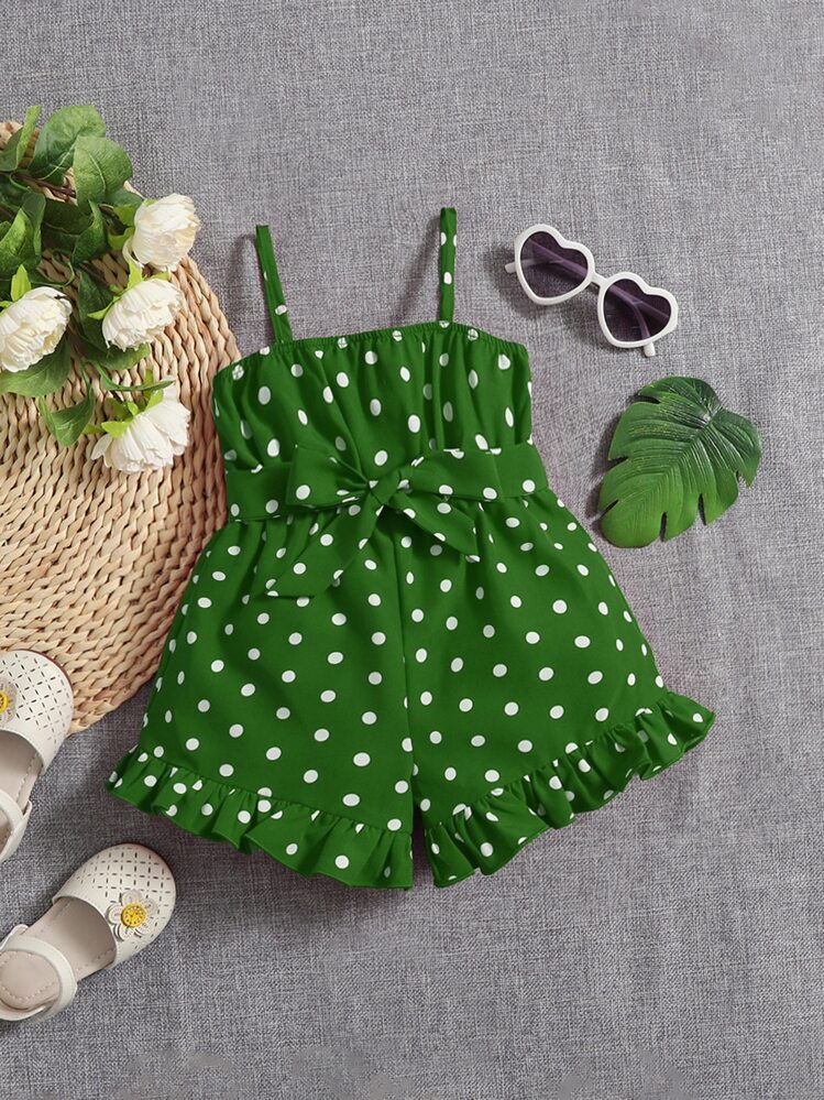 SHEIN Mono De Tirantes Con Cinturón Y Volantes Con Estampado De Lunares Para Niña - Verde - Añade 1