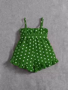 SHEIN Baby Girl Polka Dot Print Ruffle Hem Belted Cami Romper - Green - View 2