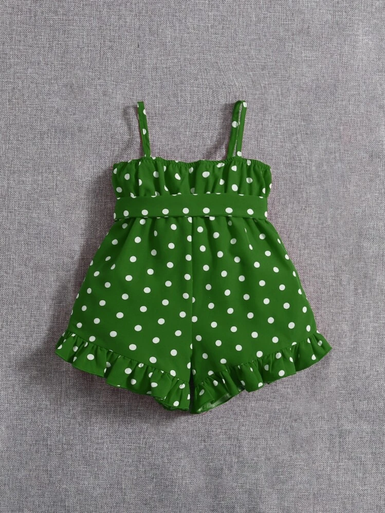 SHEIN Mono De Tirantes Con Cinturón Y Volantes Con Estampado De Lunares Para Niña - Verde - Añade 2