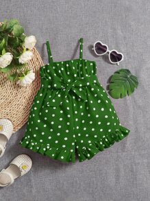 SHEIN Baby Girl Polka Dot Print Ruffle Hem Belted Cami Romper - Green - View 4