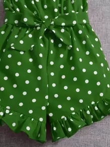 SHEIN Baby Girl Polka Dot Print Ruffle Hem Belted Cami Romper - Green - View 5