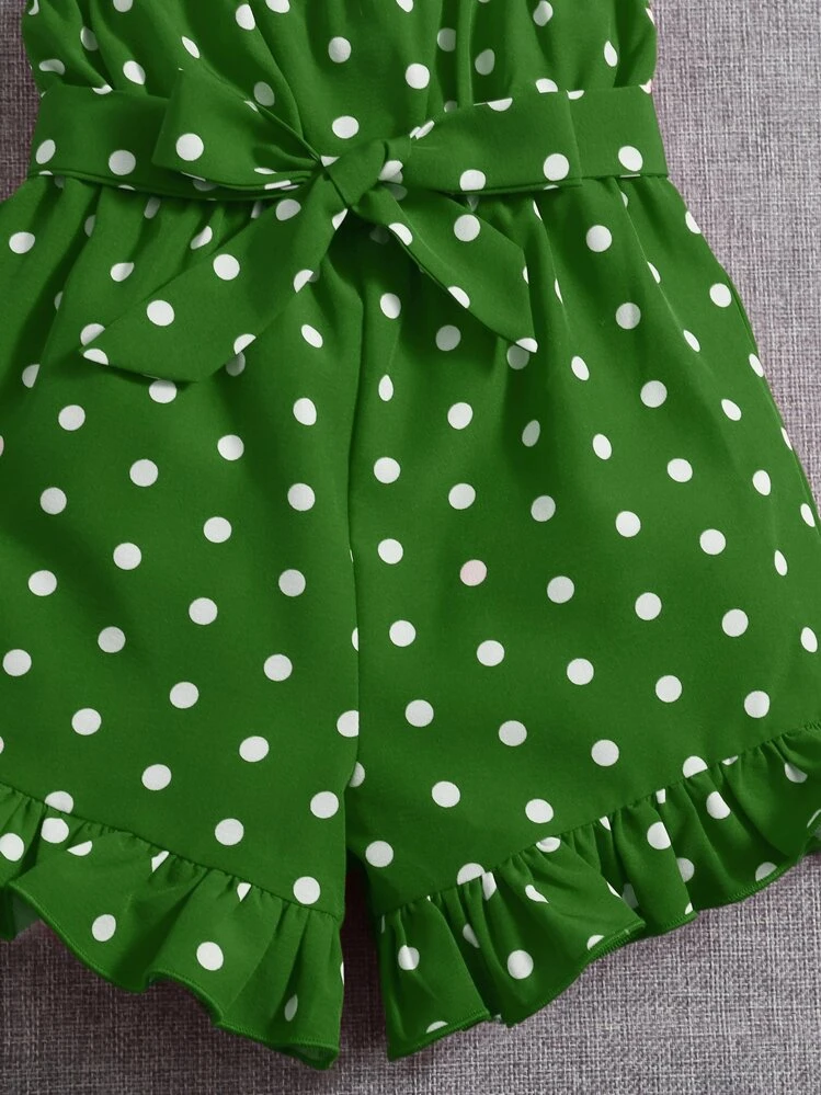 SHEIN Mono De Tirantes Con Cinturón Y Volantes Con Estampado De Lunares Para Niña - Verde - Añade 5
