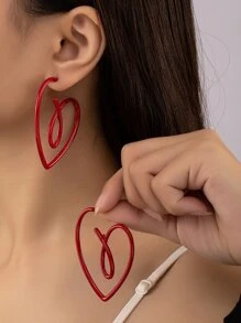 1对时尚优雅镂空心形耳环 - 紅色 - 查看 1