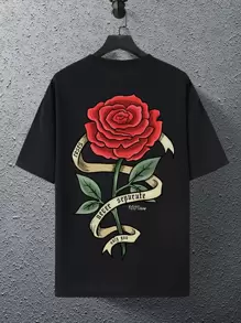 Manfinity Roghcode Loose-Fit Men Floral & Letter Printed Graphic Short Sleeve T-Shirt, Casual, Boyfriend Gift - Black - View 6