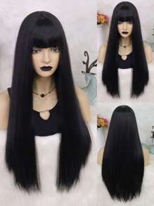 1pc Long Straight Synthetic Wig With Bangs & 1pc Wig Cap - Black - View 1