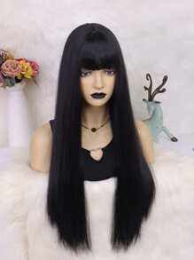 1pc Long Straight Synthetic Wig With Bangs & 1pc Wig Cap - Black - View 3