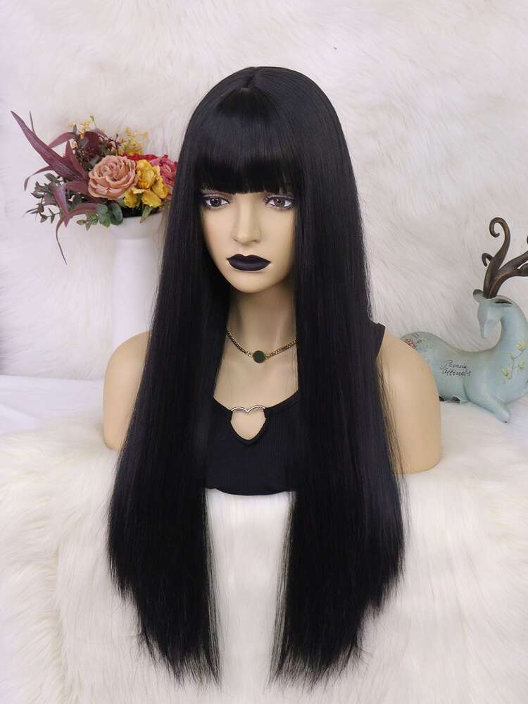 1 pieza largo recto Peluca sintética con tupe & 1 pieza Gorro de peluca - Negro - Añade 4