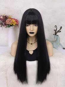 1pc Long Straight Synthetic Wig With Bangs & 1pc Wig Cap - Black - View 5