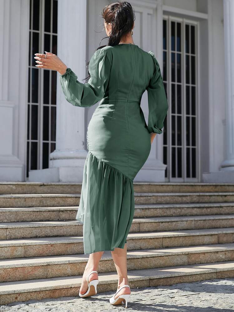 Modelyn Surplice Neck Lantern Sleeve Ruched Ruffle Hem Dress - Teal Blue - View 2