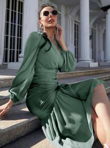 Modelyn Vestido de cuello cruzado de manga farol fruncido bajo con fruncido - Agua verde azul - Ver 3