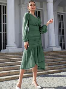 Modelyn Vestido de cuello cruzado de manga farol fruncido bajo con fruncido - Agua verde azul - Ver 4