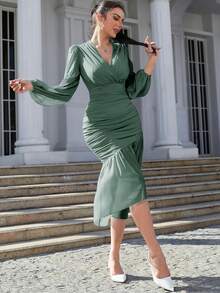 Modelyn Vestido de cuello cruzado de manga farol fruncido bajo con fruncido - Agua verde azul - Ver 5