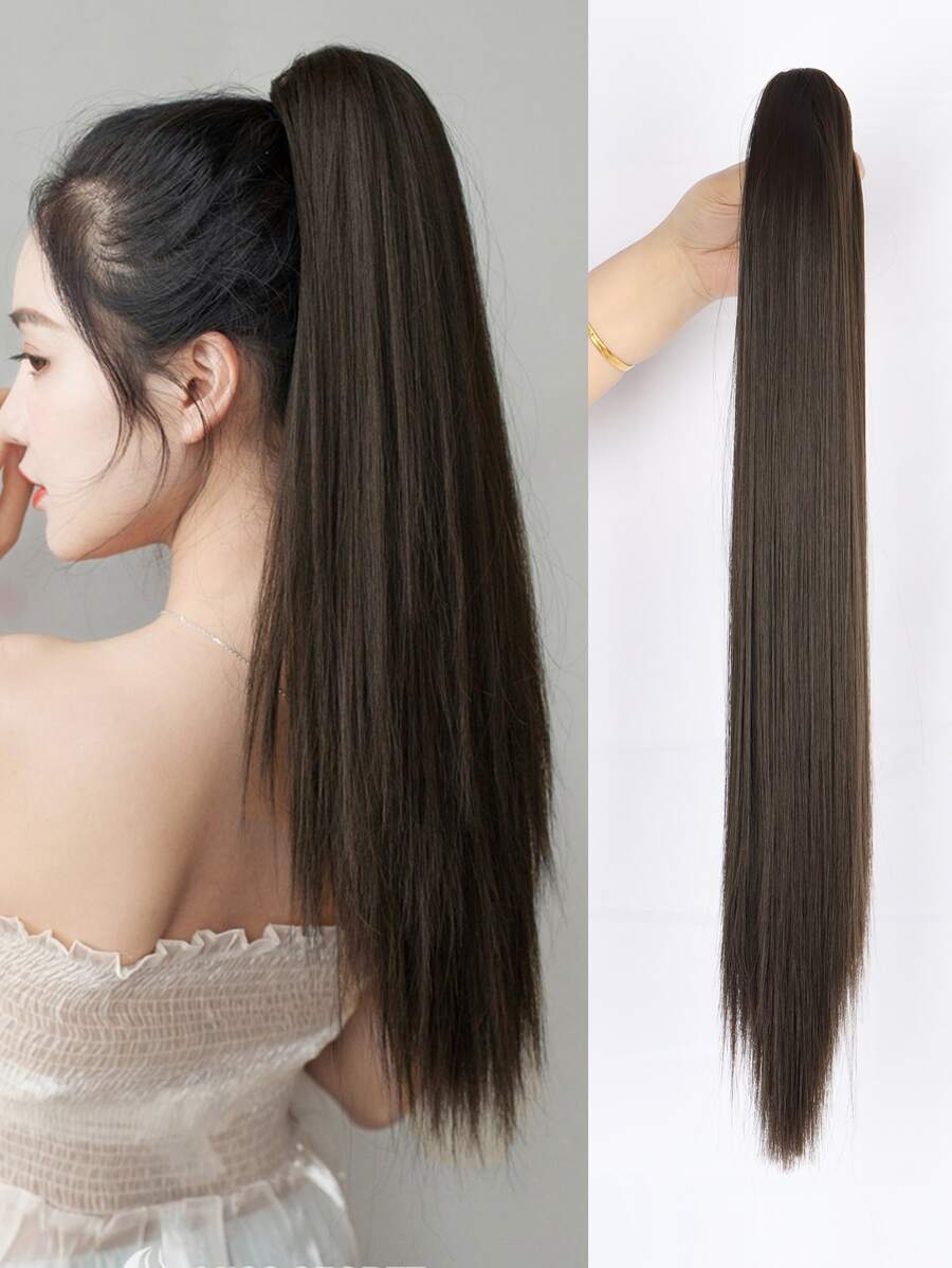 Claw Clip Long Straight Ponytail Synthetic Hair Extension - Brown - View 1
