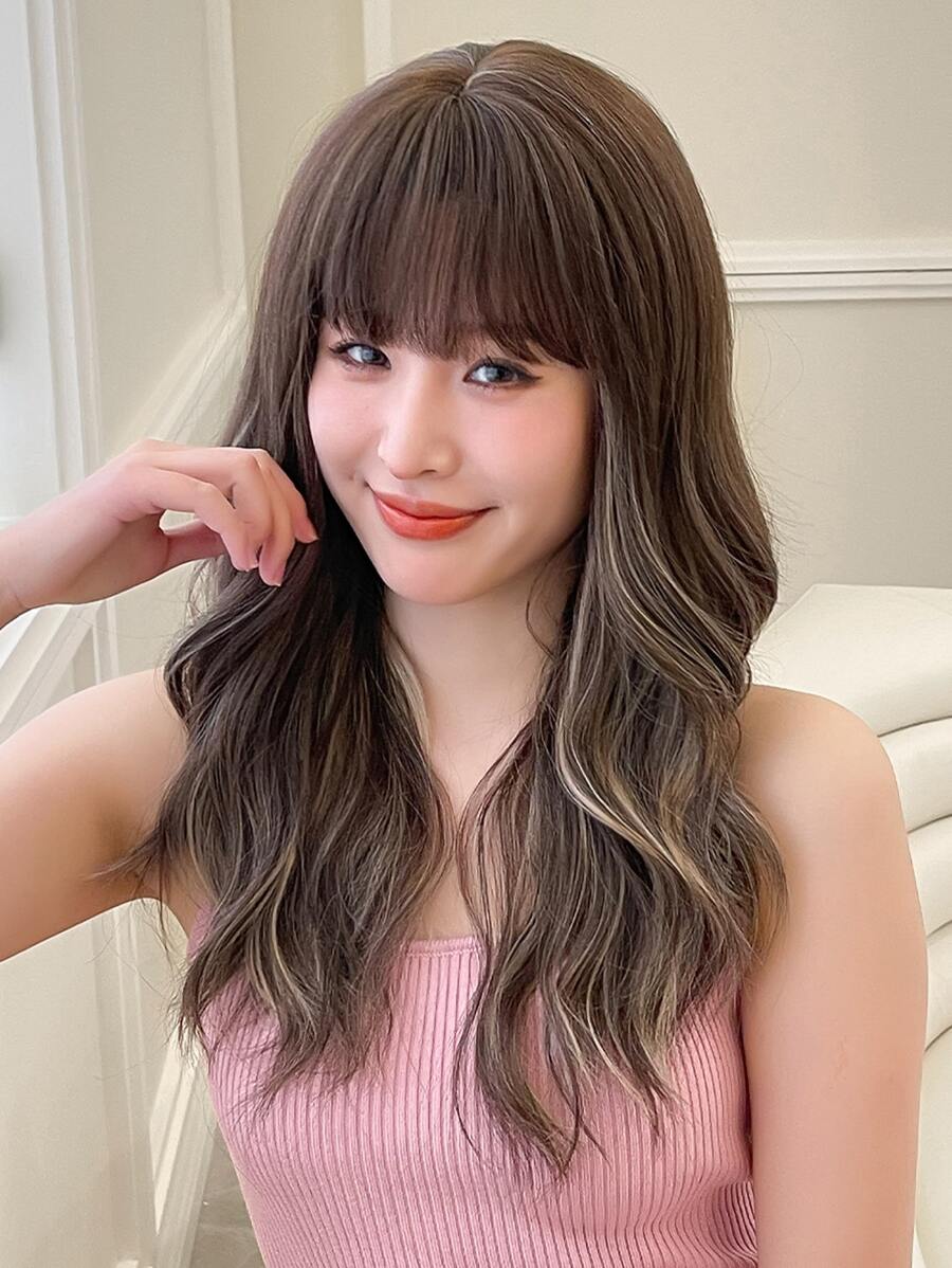 HAIRCUBE 24 Inch Brown Blond Highlights Wig Hair Curly Wig With Bangs Korean Elegant Synthetic Wig - Piano Color - View 1