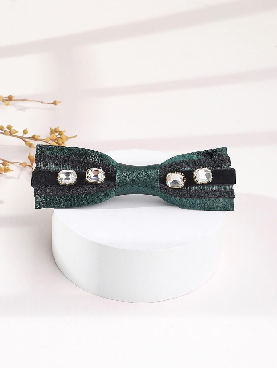 1入組女士水鑽和蝴蝶結裝飾時尚彈簧夾適用於頭髮裝飾用品 - 綠色 - 查看 1