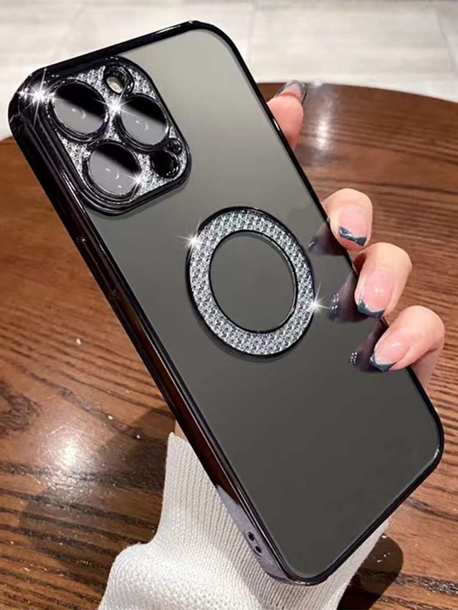 Rhinestone Decor Electroplated Phone Case - Black - View 1
