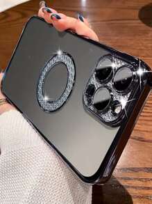 Rhinestone Decor Electroplated Phone Case - Black - View 2