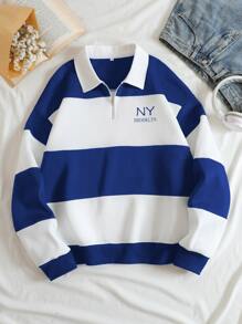 SHEIN EZwear Quần áo thể thao nữ Dây kéo Lá thư Khối Màu Giải trí - Xanh và trắng - Xem 1
