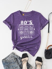 SHEIN LUNE 字母圖案T恤 - 紫羅蘭色 - 查看 1