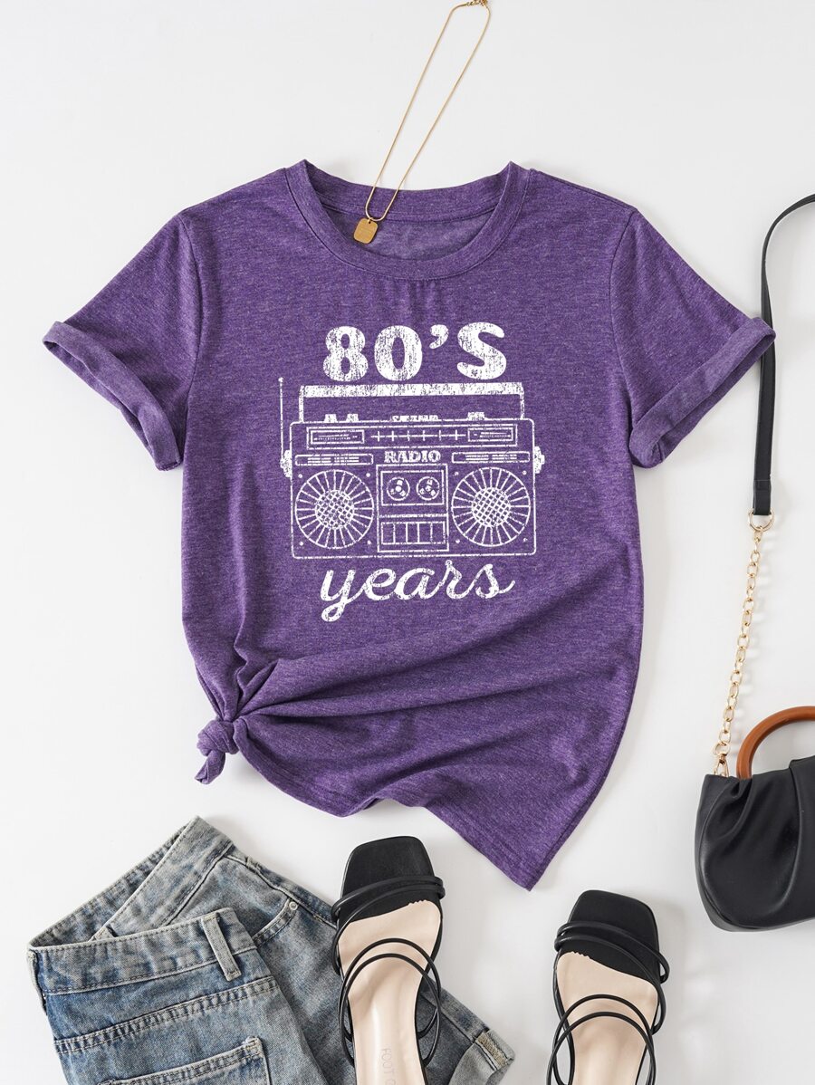 SHEIN LUNE 字母圖案T恤 - 紫羅蘭色 - 查看 1