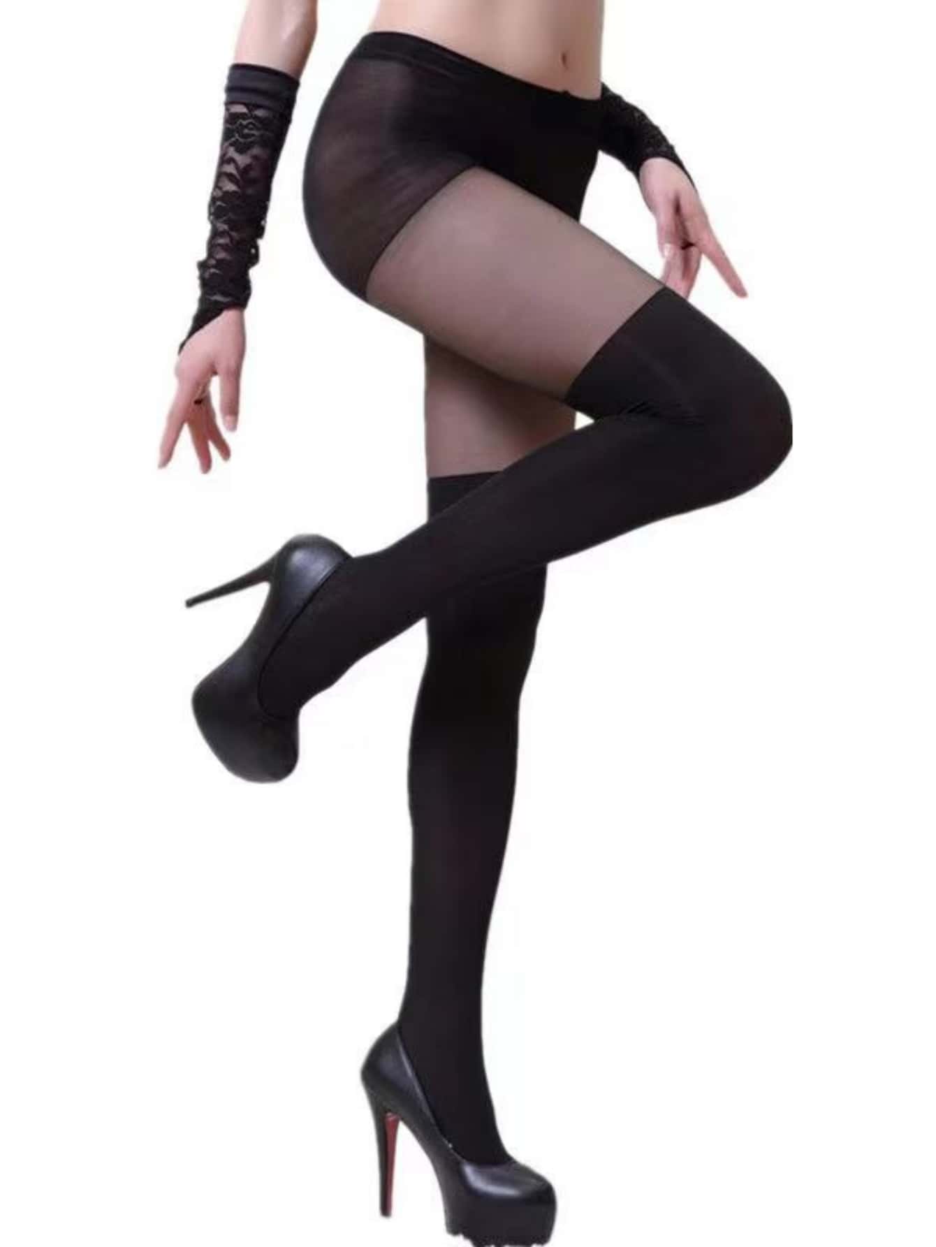 1pair Minimalist Mesh Tights - Black - View 1