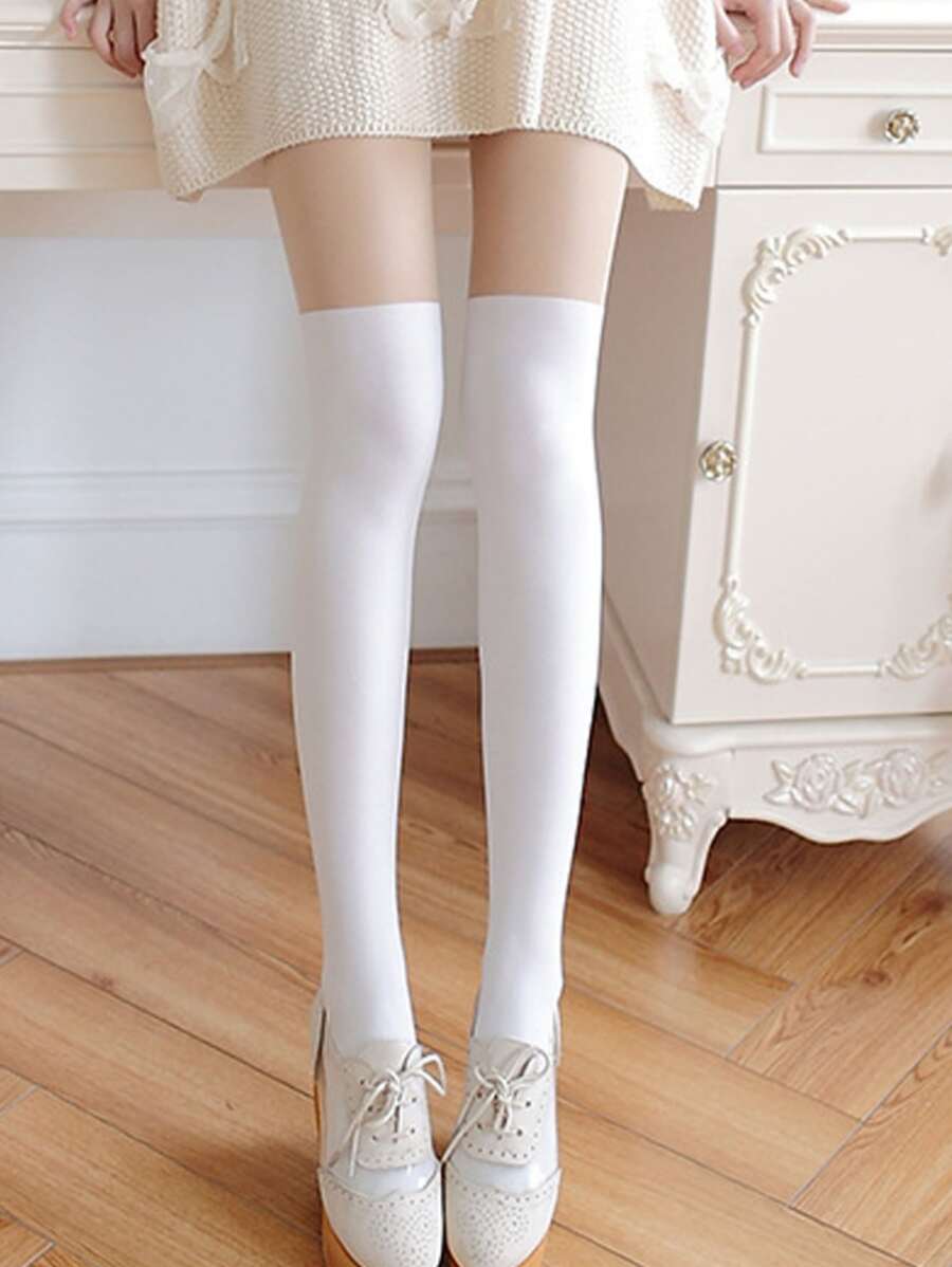 Two Tone Over The Knee Tights - White - View 1