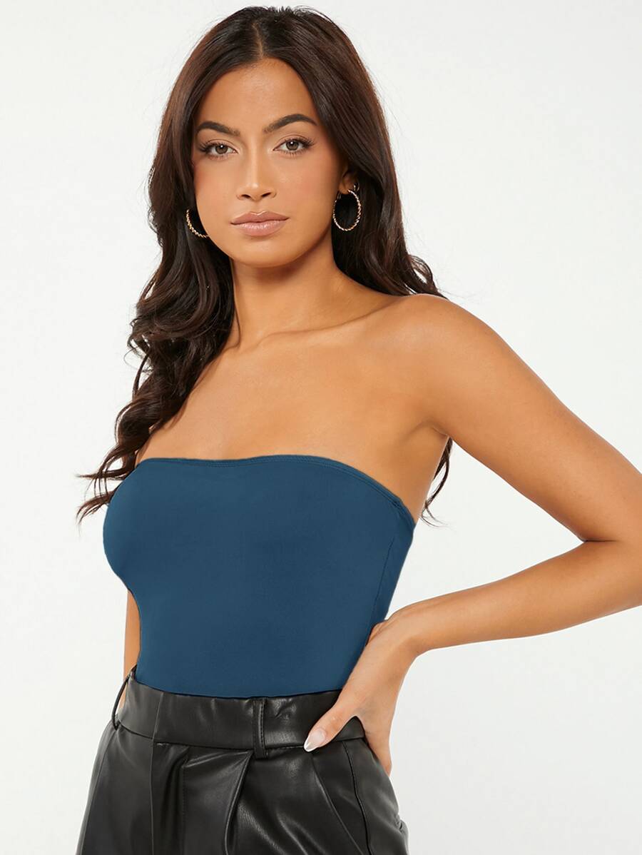 SHEIN BASICS SHEIN Top Sem Mangas Feminino - Azul Empoeirado - Visão 1