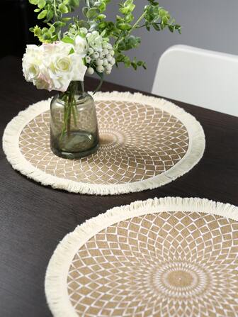 1pc Geometric Pattern Raw Trim Placemat, Boho Tassel Trim Round Shaped Placemat For Dinner Table