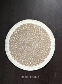 1pc Geometric Pattern Raw Trim Placemat, Boho Tassel Trim Round Shaped Placemat For Dinner Table - Multicolor - View 2