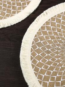 1pc Geometric Pattern Raw Trim Placemat, Boho Tassel Trim Round Shaped Placemat For Dinner Table - Multicolor - View 4