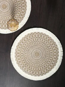 1pc Geometric Pattern Raw Trim Placemat, Boho Tassel Trim Round Shaped Placemat For Dinner Table - Multicolor - View 6
